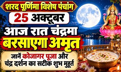 शरद पूर्णिमा विशेष पंचांग 25 अक्टूबर: आज रात चंद्रमा बरसाएगा अमृत, जानें कोजागर पूजा और चंद्र दर्शन का सटीक शुभ मुहूर्त।